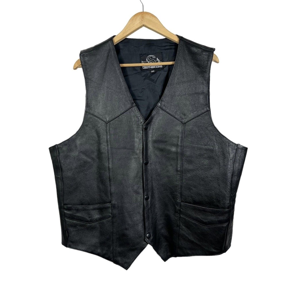 Vintage Leather King Mens Black Leather Biker Vest Size 50